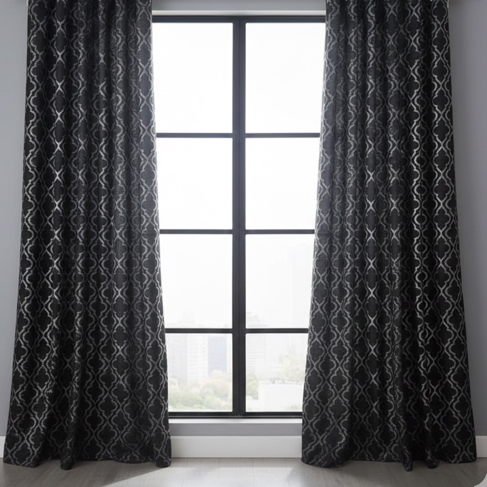 Kelvin NEW 2 Curtain Panels Black Metallic Silver Goth Print Quatrefoil Moroccan